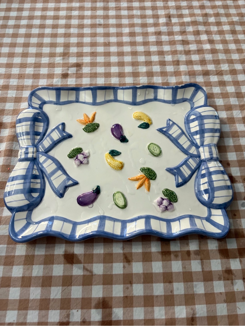 Fitz and Floyd White Platter with Blue Ribbon and Multicolor Fruit Accents